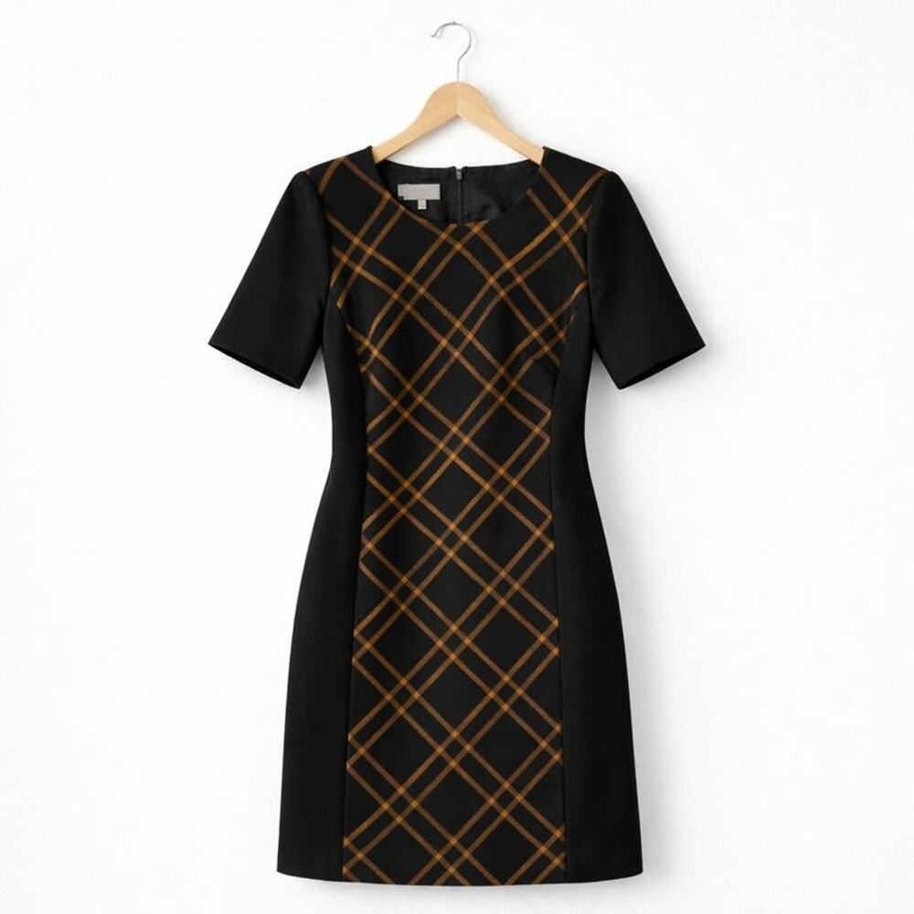 Hobbs London Mari Plaid Panel Shift Dress Black Camel‎ Size 10 Career Tailored